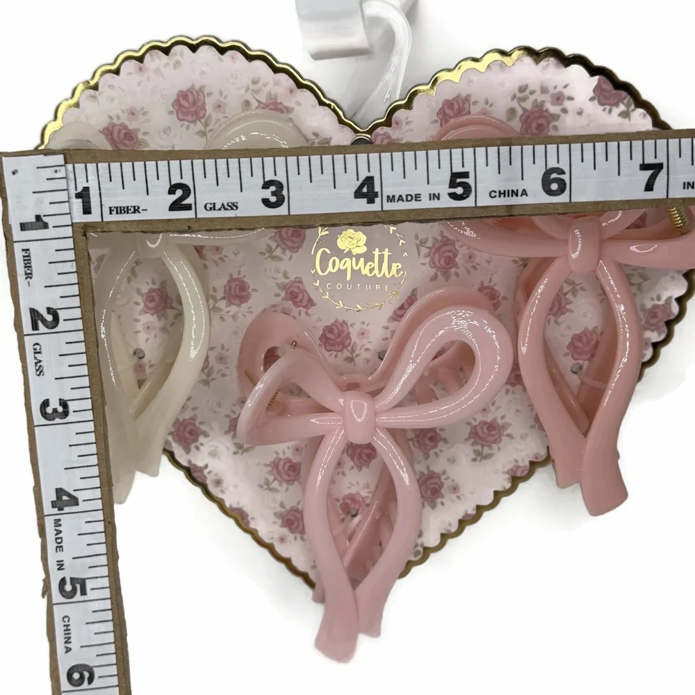 Coquette Couture Ribbon Bow Design Hair Claw Clips Pink White Set of 3